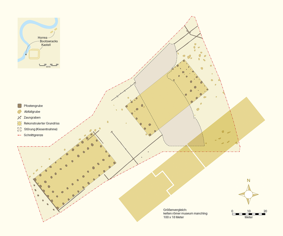 Grundrissplan der Getreidespeicher von Oberstimm mit Größenvergleich des kelten römer museums.