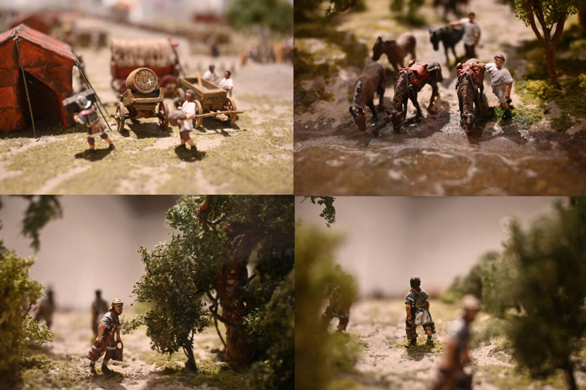 Detailaufnahmen aus dem Modell eines römischen Feldlagers mit Szenen zur Thematik Wasser.