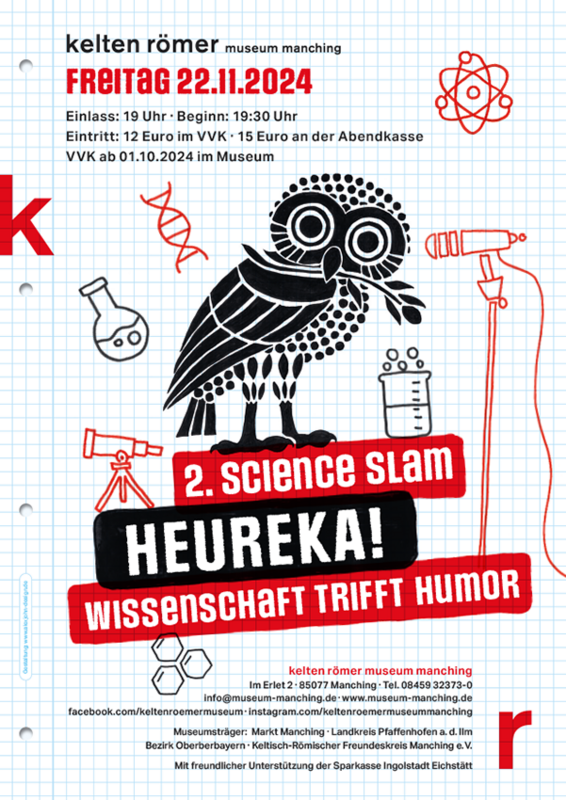 Poster zum 2. Manchinger Science Slam »HEUREKA! Wissenschaft trifft Humor«. · © krm manching / Gestaltung: www.alexjohn-design.de
