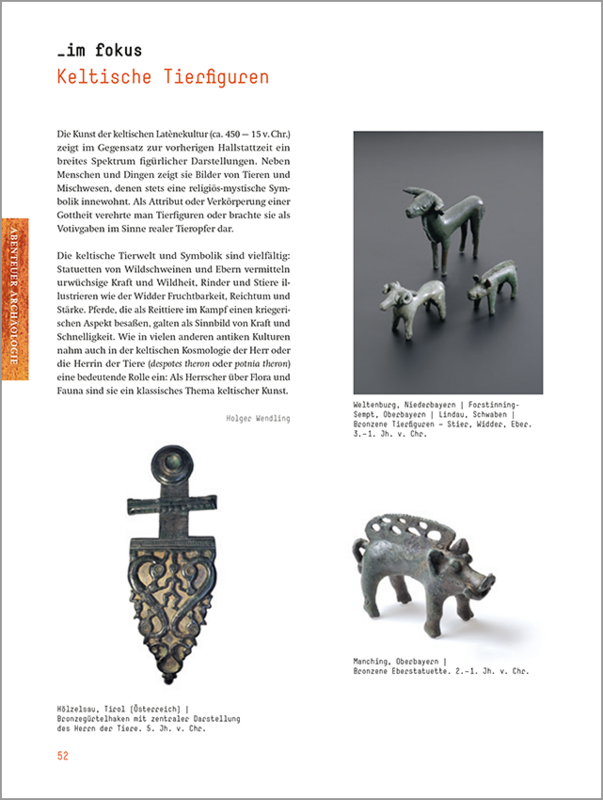 Innenseite zu keltischen Tierfiguren in der Publikation »Wege durch Bayerns Vergangenheit«.