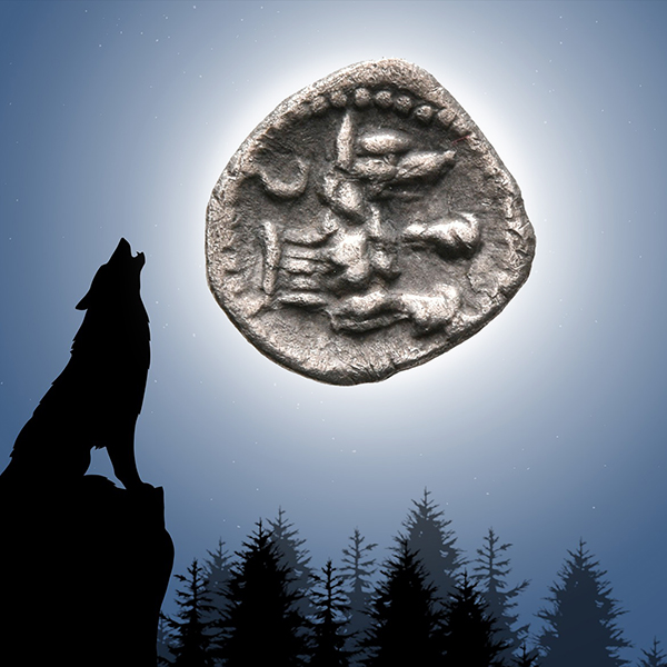Obol des lykaonischen Laranda mit Wolfsprotome · © Münze: Privatsammlung / Foto: Katharina Martin · Hintergrund: pixabay.com / ZAIDoopro