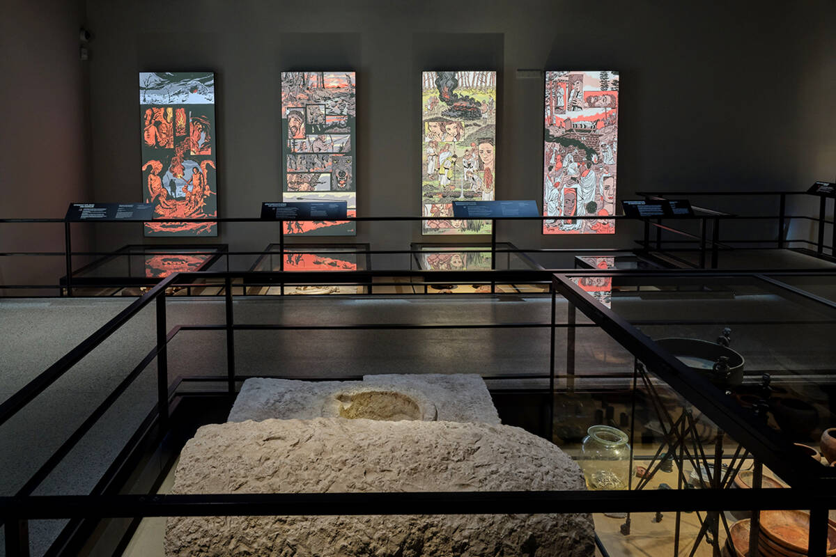 Comic-Zeichnungen von Frank Schmolke in der Abteilung Tod und Bestattung.